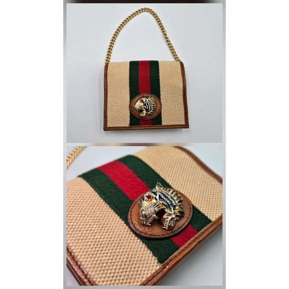 Gucci‎ Tiger Head Wallet on Chain Beige Canvas Brown Leather Gold Chain - Picture 10 of 10